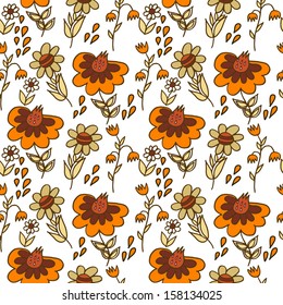 Seamless hand drawn orange and beige flowers