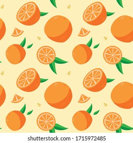 Seamless hand drawn orange pattern with whole and sliced oranges. Flat illustration for printing on textile or paper.