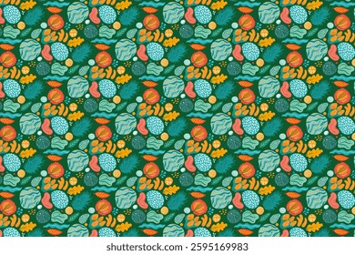 A seamless Hand drawn organic textured pattern featuring a variety of stylized organic shapes, including leaves, flowers, and abstract forms in a range of colors (teal, orange, coral, mustard yellow).
