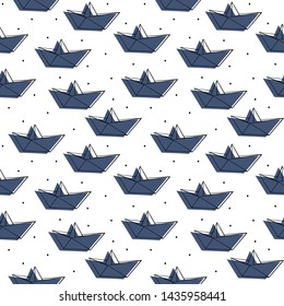 Seamless hand drawn origami vector pattern. Grey paper figures of boat isolated on white background. Black contoured elements and dots. Paper folding illustration. Perfect for wallpaper or fabric.