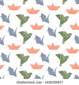 Seamless hand drawn origami vector pattern. Paper figures of pink boat, green dove and blue crane isolated on white background. Paper folding illustration. Perfect for wallpaper or fabric.