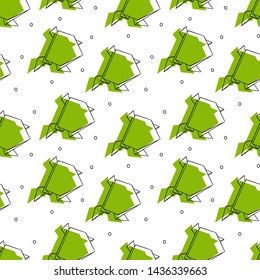 Seamless hand drawn origami vector pattern. Green paper figures of frog isolated on white background. Black contoured elements and circles. Paper folding illustration. Perfect for wallpaper or fabric.