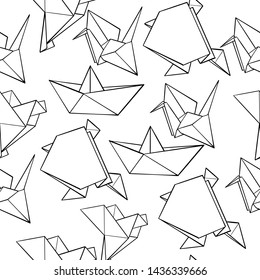 Seamless hand drawn origami vector pattern. Black contoured paper figures of crane, boat, dove and frog isolated on white background. Paper folding illustration. Perfect for wallpaper or fabric.