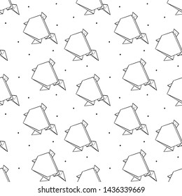 Seamless hand drawn origami vector pattern. Black contoured paper figures of toad isolated on white background. Black little dots. Paper folding illustration. Perfect for wallpaper or fabric.