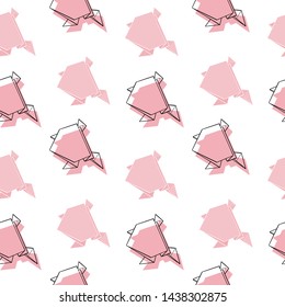 Seamless hand drawn origami vector pattern. Pink paper figures of toad isolated on white background. Black contoured elements. Paper folding illustration. Perfect for wallpaper or fabric.