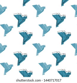 Seamless hand drawn origami vector pattern. Blue paper figures of dove isolated on white background. Black contoured elements. Paper folding illustration. Perfect for wallpaper or fabric.