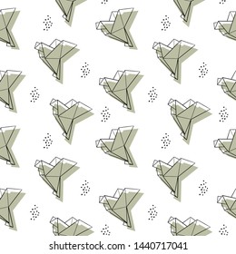 Seamless hand drawn origami vector pattern. Grey paper figures of dove isolated on white background. Black contoured elements and dots. Paper folding illustration. Perfect for wallpaper or fabric.