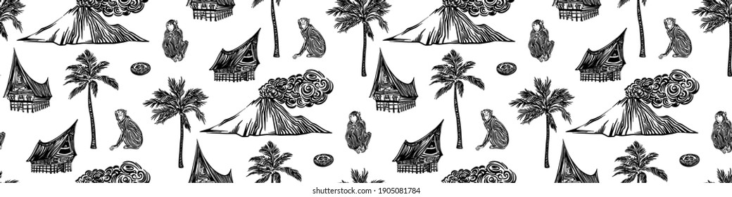 Seamless hand drawn outline pattern of indonesian resort. Endless black ink vector drawing isolated on white background. Vacation illustration of bungalow, monkey, palm and vulcano.
