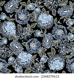SEAMLESS HAND DRAWN PACKED VINTAGE FLORAL FLOWERS FLORA BOTANICAL GARDEN FABRIC TEXTILE PATTERN SWATCH