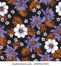 SEAMLESS HAND DRAWN PAINTED FLORAL TROPICAL FLOWERS VACATION HOLIDAY HAWAIIAN SUMMER ISLAND MODERN TEXTILE FABRIC PATTERN SWATCH