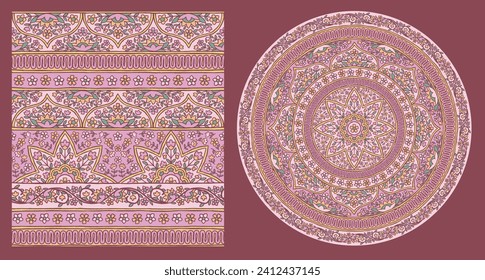 SEAMLESS HAND DRAWN PAISLEY FLORAL MANDALA STRIPE FLOWER BOHO FOLK PATTERN SWATCH