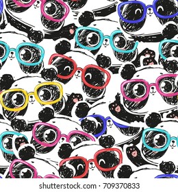 seamless hand drawn panda with glasses pattern, panda vector pattern 