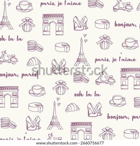 Seamless hand drawn Paris pattern. Vector doodle illustration. Parisian lifestyle background for textiles, wrapping paper, and stationery.
