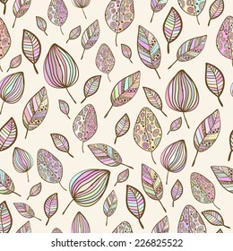 Seamless  hand drawn pastel colorful leaf pattern with ornament.Texture with leaves in pastel backdrop