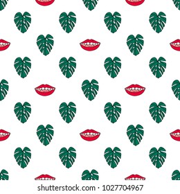 Seamless hand drawn patter with a monstera and bright red lips. Stickers. Pop art. Modern illustration. 