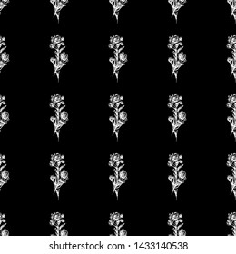 Seamless hand drawn pattern of abstract rose flowers isolated on black background. Vector floral illustration. Cute doodle modern isolated pop art elements. Outline.