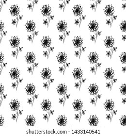 Seamless hand drawn pattern of abstract dandelion flowers isolated on white background. Vector floral illustration. Cute doodle modern isolated pop art elements. Outline.