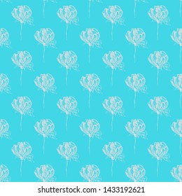 Seamless hand drawn pattern of abstract rose flowers isolated on blue background. Vector floral illustration. Cute doodle modern isolated pop art elements. Outline.