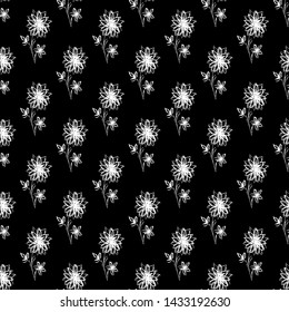 Seamless hand drawn pattern of abstract dandelion flowers isolated on black background. Vector floral illustration. Cute doodle modern isolated pop art elements. Outline.