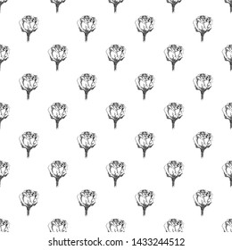 Seamless hand drawn pattern of abstract rose flowers isolated on white background. Vector floral illustration. Outline.