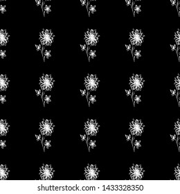 Seamless hand drawn pattern of abstract dandelion flowers isolated on black background. Vector floral illustration. Cute doodle modern isolated pop art elements. Outline.