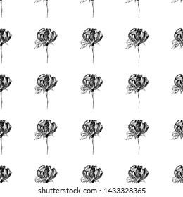 Seamless hand drawn pattern of abstract rose flowers isolated on white background. Vector floral illustration. Outline.