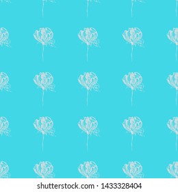 Seamless hand drawn pattern of abstract rose flowers isolated on blue background. Vector floral illustration. Cute doodle modern isolated pop art elements. Outline.