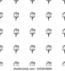 Seamless hand drawn pattern of abstract rose flowers isolated on white background. Vector floral illustration. Outline.