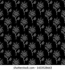 Seamless hand drawn pattern of abstract dandelion flowers isolated on black background. Vector floral illustration. Cute doodle modern isolated pop art elements. Outline.