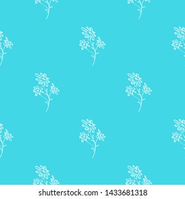 Seamless hand drawn pattern of abstract camomile flowers isolated on blue background. Vector floral illustration. Cute doodle modern isolated pop art elements. Outline.