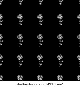 Seamless hand drawn pattern of abstract rose flowers isolated on black background. Vector floral illustration. Cute doodle modern isolated pop art elements. Outline.