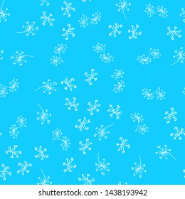 Seamless hand drawn pattern of abstract dandelion flowers isolated on blue background. Vector floral illustration. Seamless doodle modern isolated pop art elements. Outline.