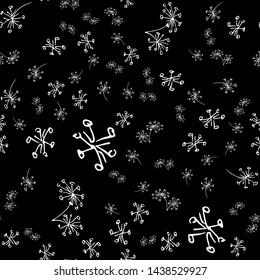 Seamless hand drawn pattern of abstract dandelion flowers isolated on black background. Vector floral illustration. Seamless doodle modern isolated pop art elements. Outline.