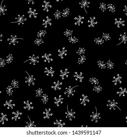 Seamless hand drawn pattern of abstract dandelion flowers isolated on black background. Vector floral illustration. Seamless doodle modern isolated pop art elements. Outline.
