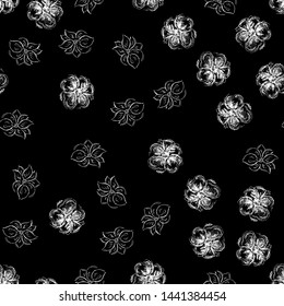 Seamless hand drawn pattern of abstract orchid flowers isolated on black background. Vector floral illustration. Outline floral seamless pattern. Outline.