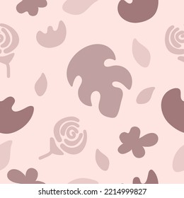 Seamless hand drawn pattern. Abstract modern monochrome shapes and objects in pastel colors. Doodle design elements. Background, wallpaper, packaging, textile template.