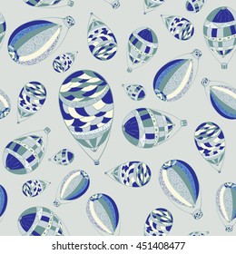 Seamless hand drawn pattern with aerostat elements. Ornamental air balloon design. Cool shades. 