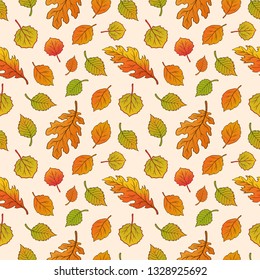 Seamless hand drawn pattern with autumn leaves.  Autumn, fall vector illustration.