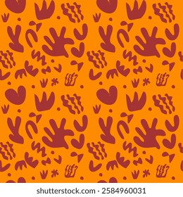 Seamless hand drawn pattern with autumn leaves and flowers in orange and yellow tones. Perfect for wallpaper, textiles and vintage designs.