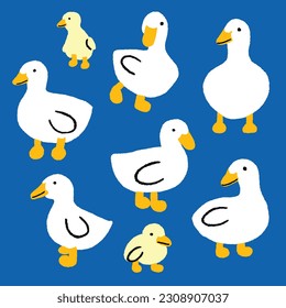 Seamless hand drawn pattern background of cute white duck ducklings. Isolated vector of ducks cartoon illustration on blue background.