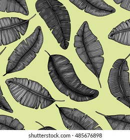 Seamless hand drawn pattern with banana leaves / tropical leaves texture / botanic vector hand drawn illustration, seamless vector