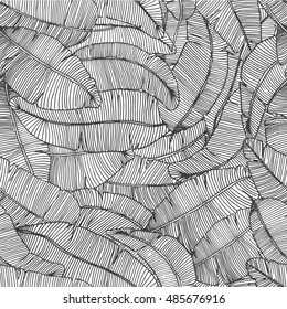 Seamless hand drawn pattern with banana leaves / tropical leaves texture / botanic vector hand drawn illustration / black and white