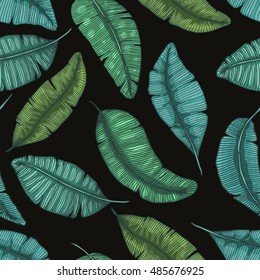 Seamless hand drawn pattern with banana leaves / tropical leaves texture / botanic vector hand drawn illustration