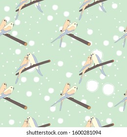 Seamless hand drawn pattern with beautiful couple of birds sitting on a branch.Great for wedding cards, postcards, t-shirts, bridal invitations, brochures, posters, gift wrapping, wall art, wallpapers