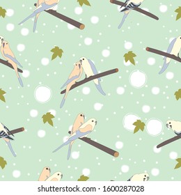 Seamless hand drawn pattern with beautiful couple of birds sitting on a branch.Great for wedding cards, postcards, t-shirts, bridal invitations, brochures, posters, gift wrapping, wall art, wallpapers