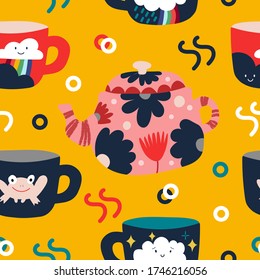 Seamless hand drawn pattern with beautiful teapot and cup with flowers and abstract figures stock Vector illustration.greeting card. For trendy fabric design textile wallpaper wrapping paper.