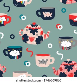 Seamless hand drawn pattern with beautiful teapot and cup with flowers and abstract figures stock Vector illustration.greeting card. For trendy fabric design textile wallpaper wrapping paper.