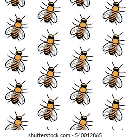 Seamless hand drawn pattern with bee. Minimalistic pop art sketch for print, fabric or web