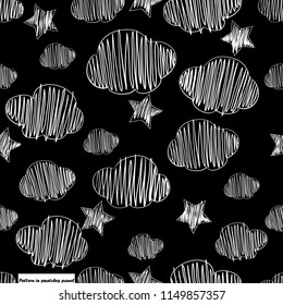 Seamless hand drawn pattern. black background.