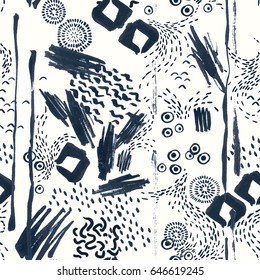 Seamless hand drawn pattern , black and white ink brushstrokes with abstract simple dynamic shapes, sketch art, grungy texture